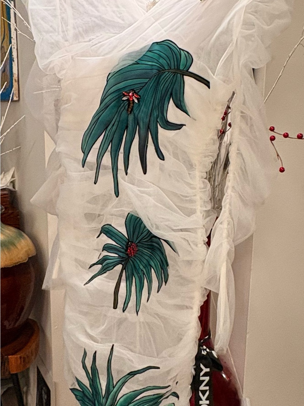 White Long-Sleeve Sheer Dress with Teal Botanical Appliqués